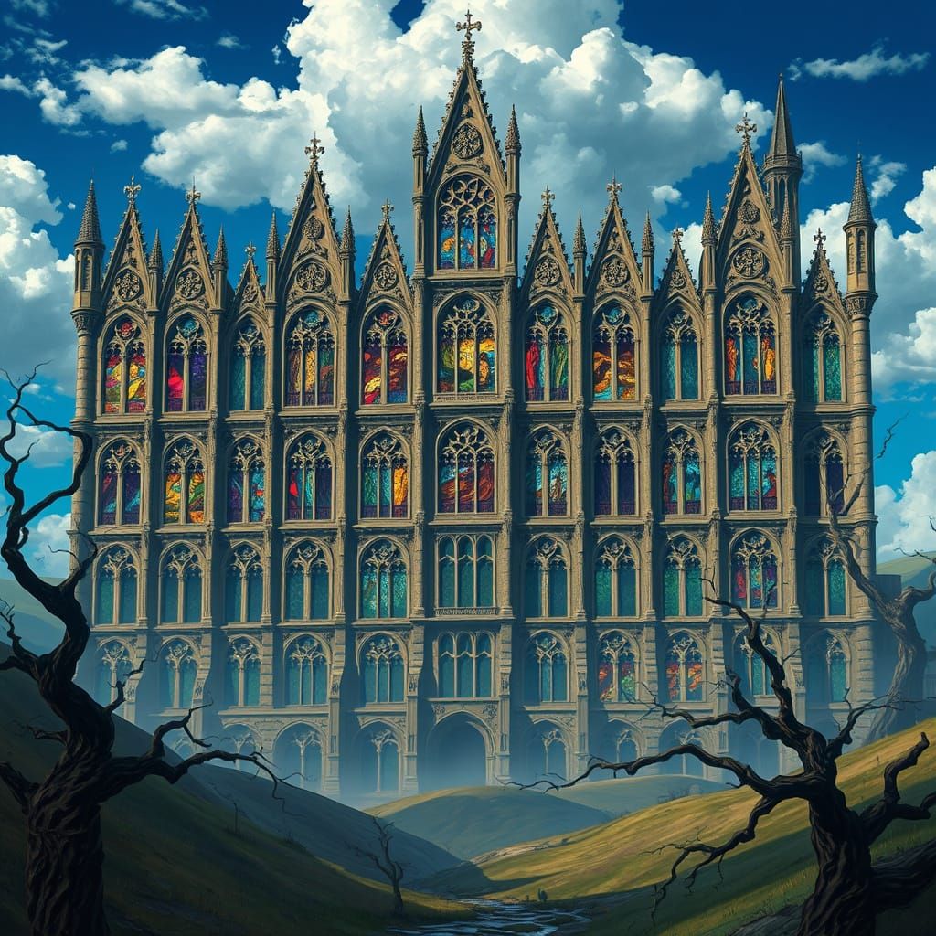 Gothic Windows in a Dreamlike Fantasy Landscape
