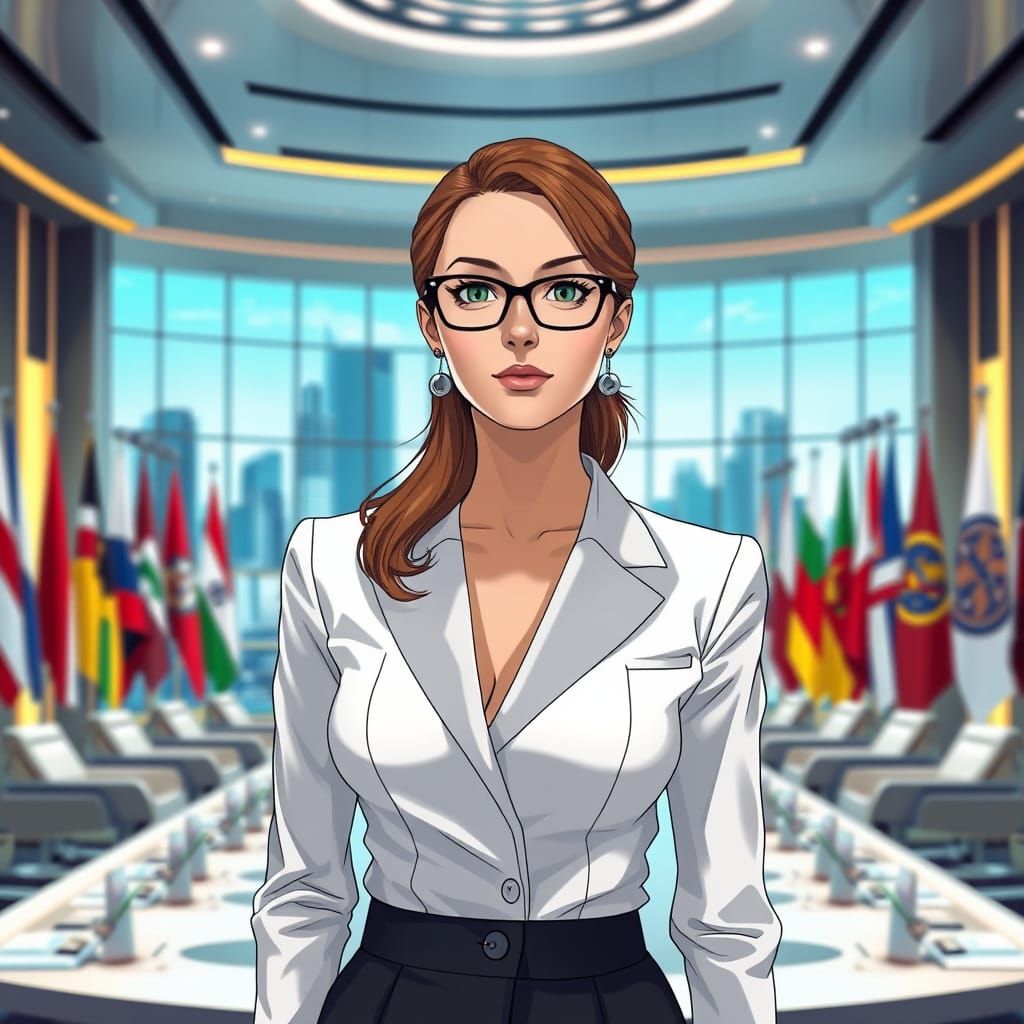 Woman in Futuristic Conference Room with Cityscape