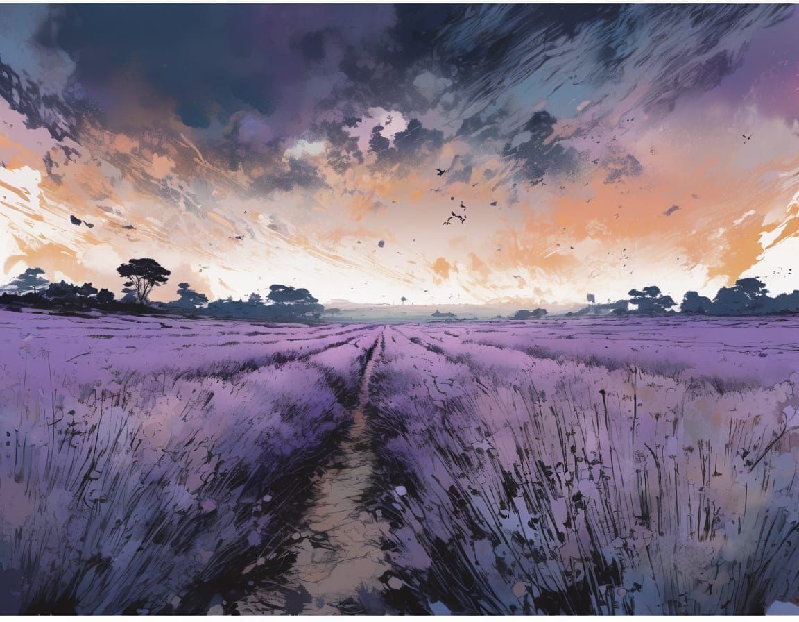 Surreal Morning Lavender Dreamscape in a Cyberpunk Aesthetic