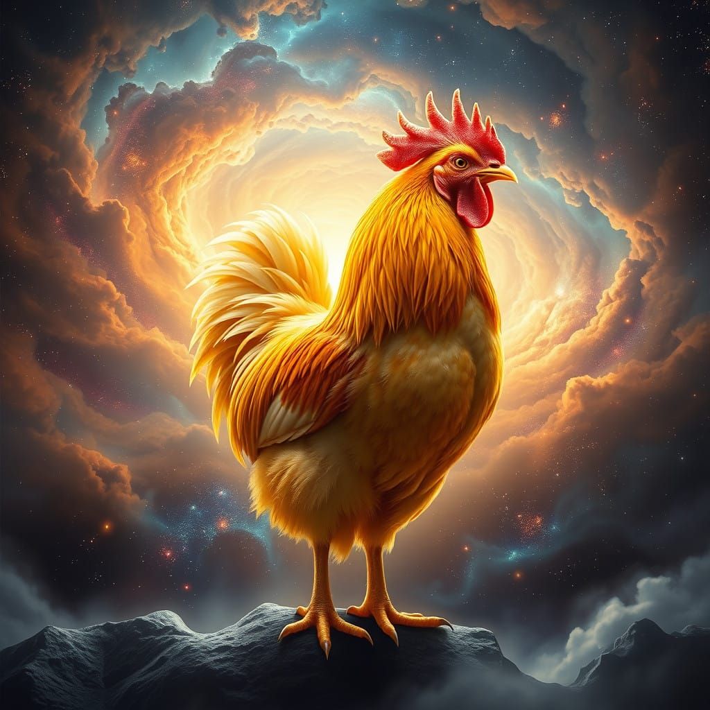 Majestic Cosmic Chicken in Hyper-Realistic Digital Art
