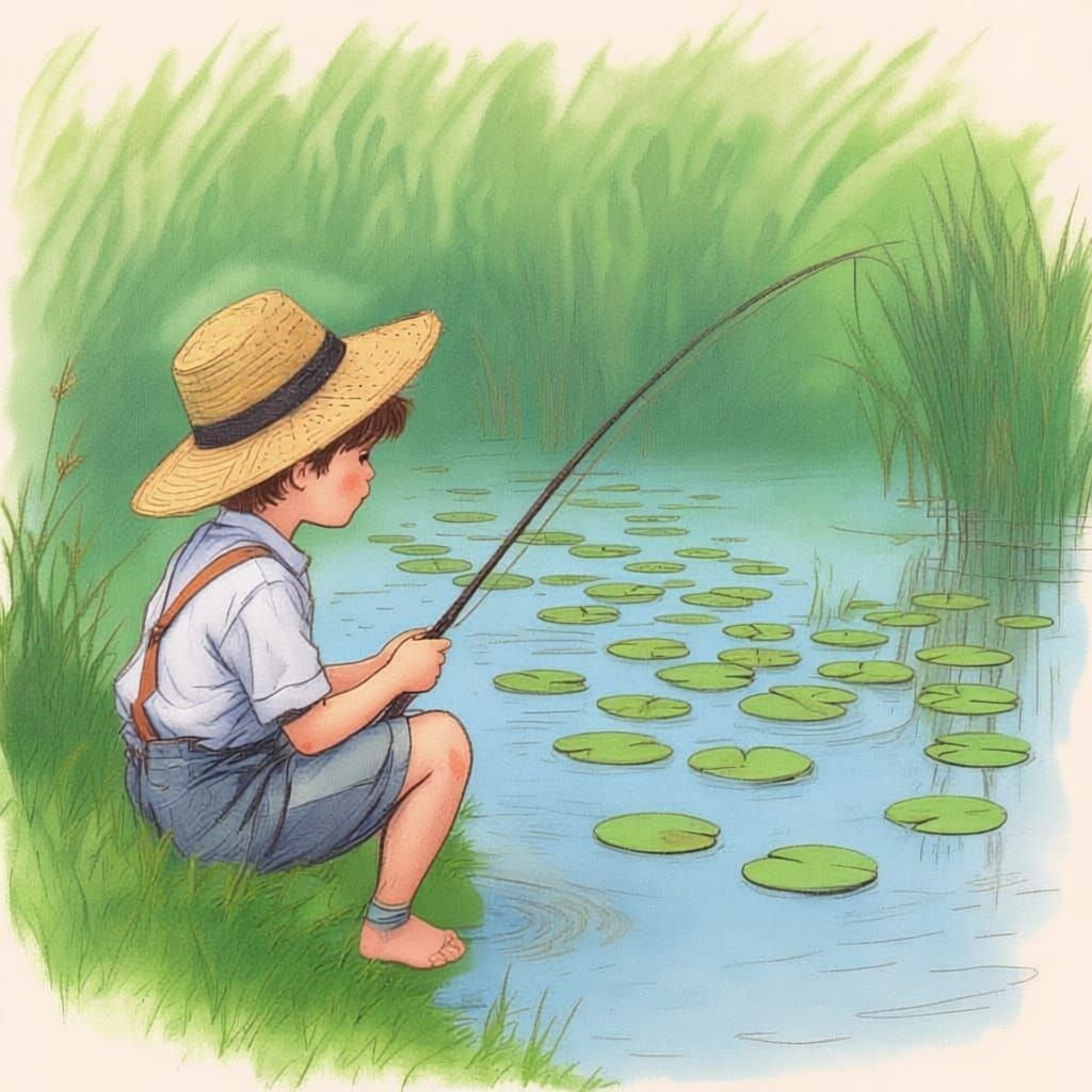 Pen and Ink Sketch of Boy Fishing by Pond