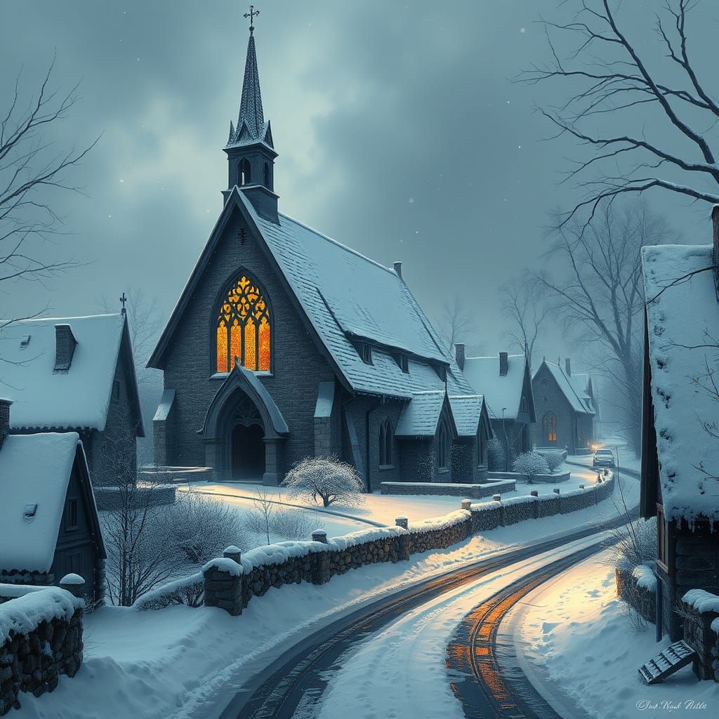 Gothic Church in Winter Wonderland Landscape