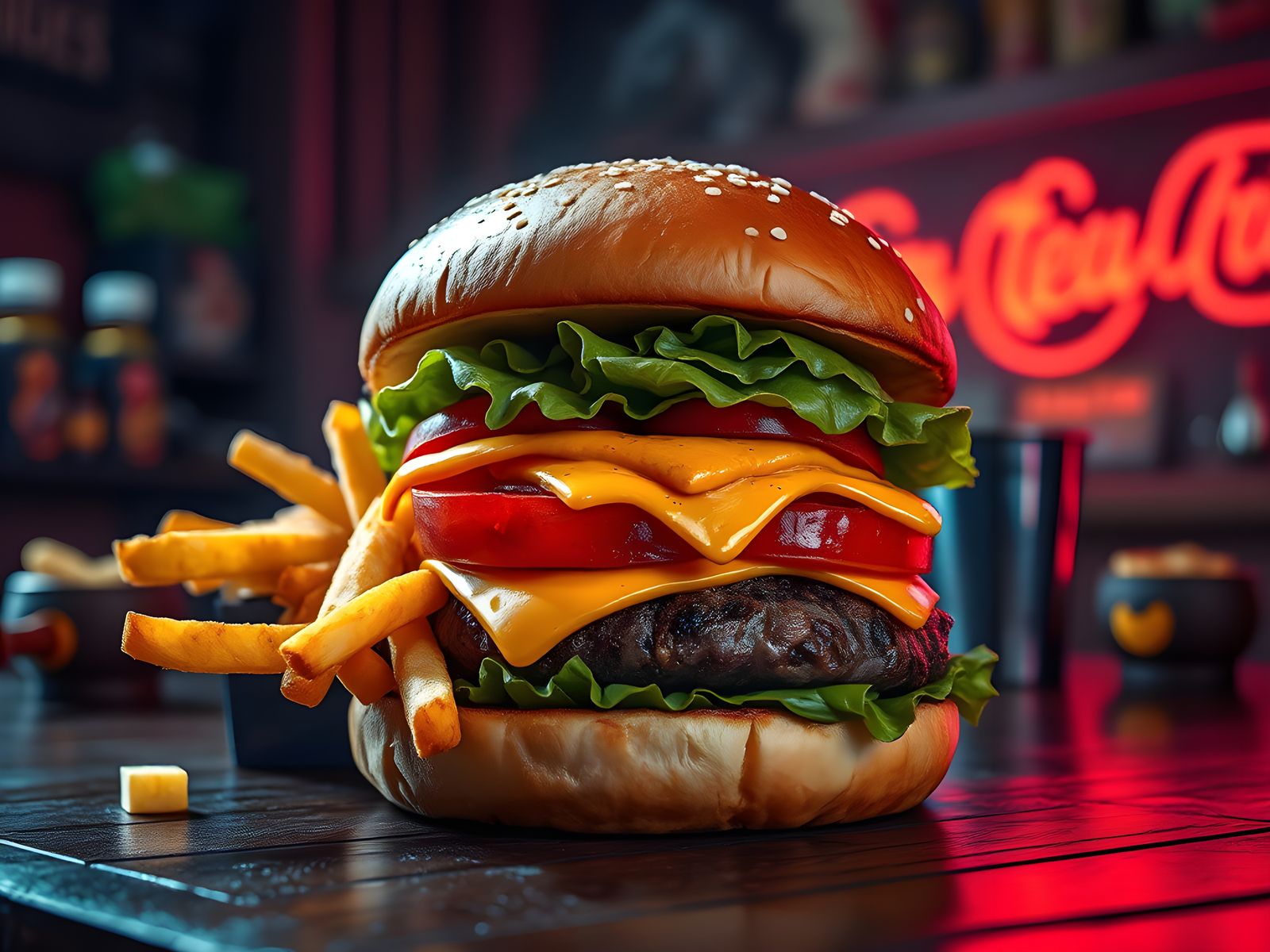 Hyperrealistic Hamburger and Fries in Detailed Digital Art