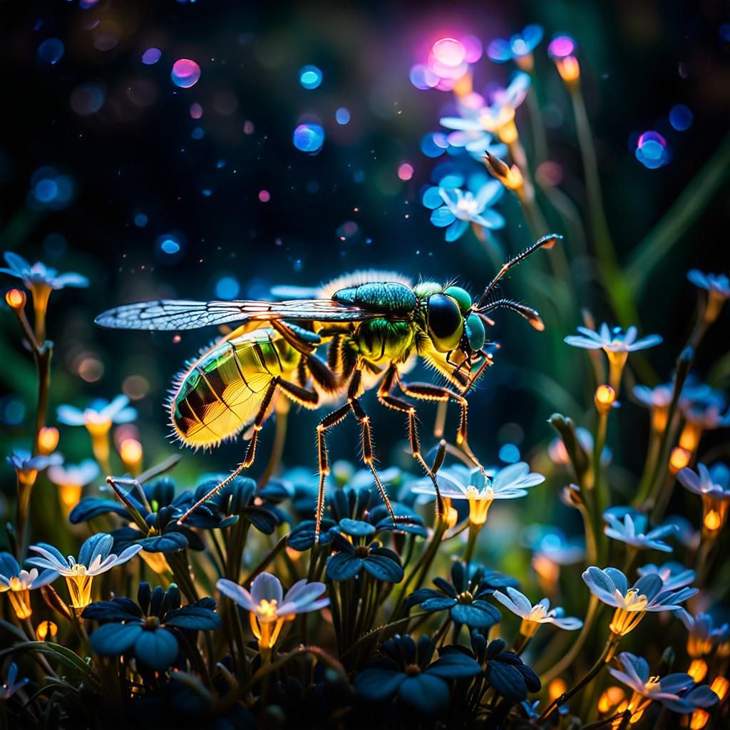 A stunning macro shot of a vibrant iridescent fireflies  won...