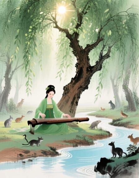 Harmonious Forest Scene with Guqin Player in Ink Wash Style