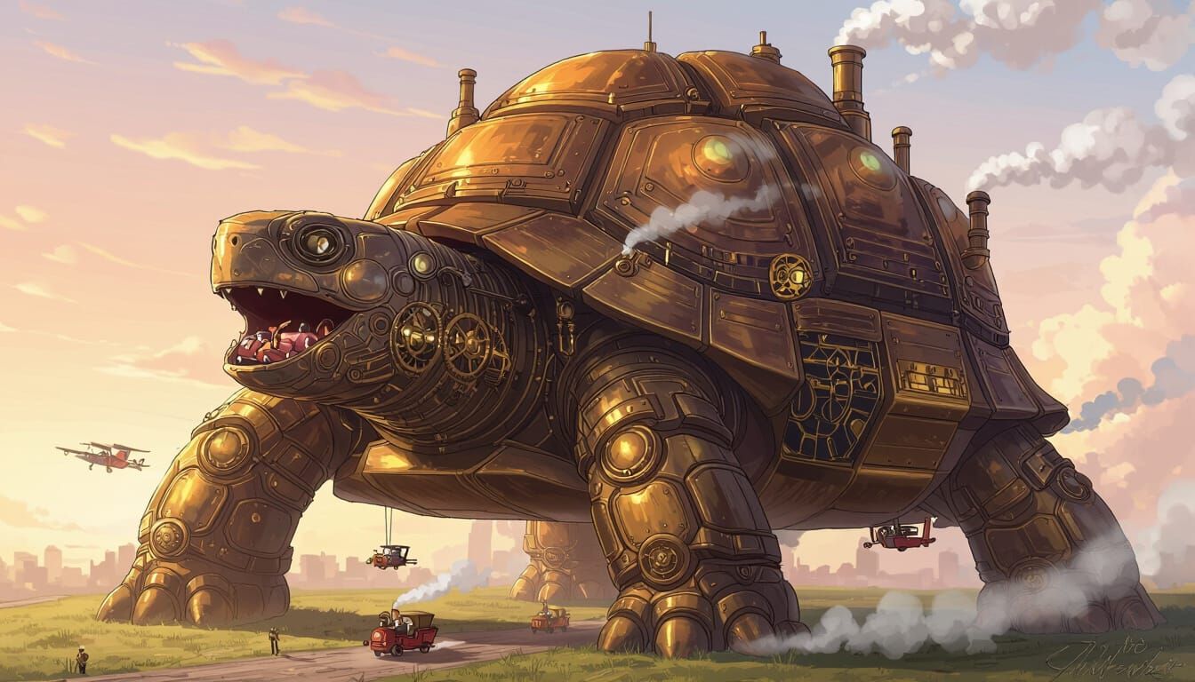 Steampunk City on Mechanical Tortoise Back