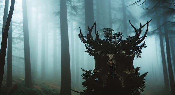 Mystical Animal Skull Totem in Foggy Forest
