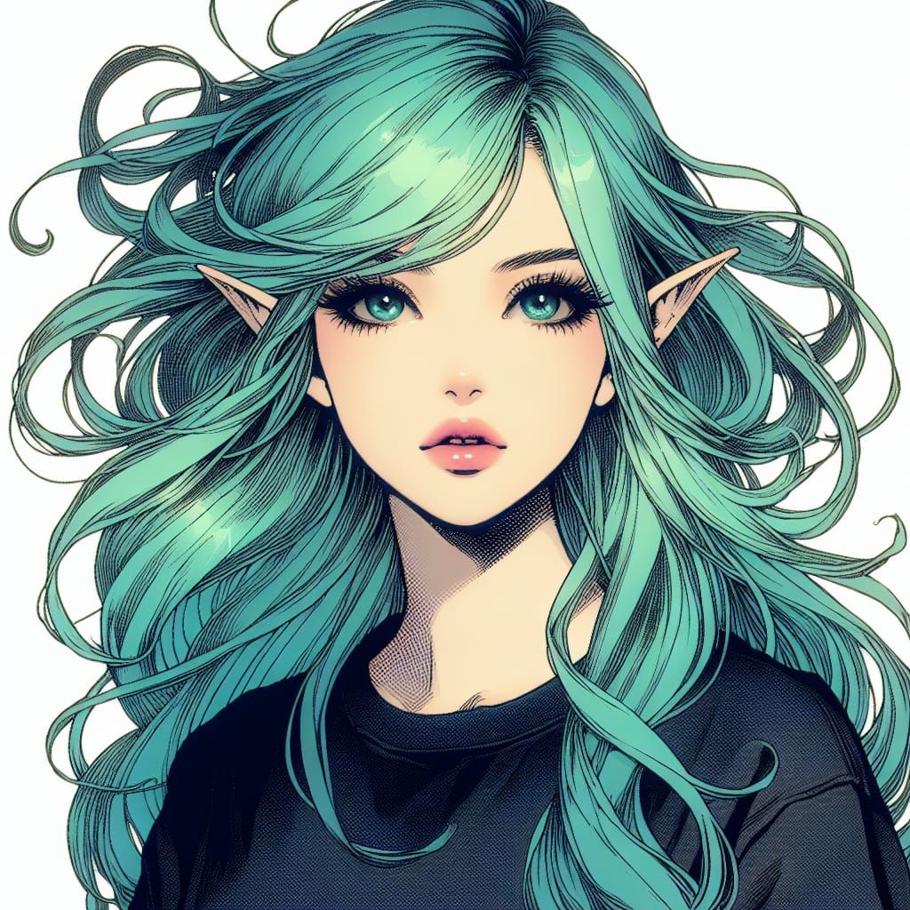 Stunning Elf Woman with Aqua Hair, Manga Art
