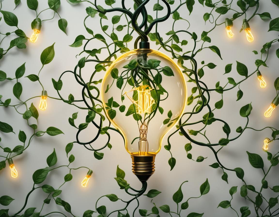 A vibrant logo featuring a glowing yellow light bulb, its filament entwined with lush green vines and leaves, against a ...