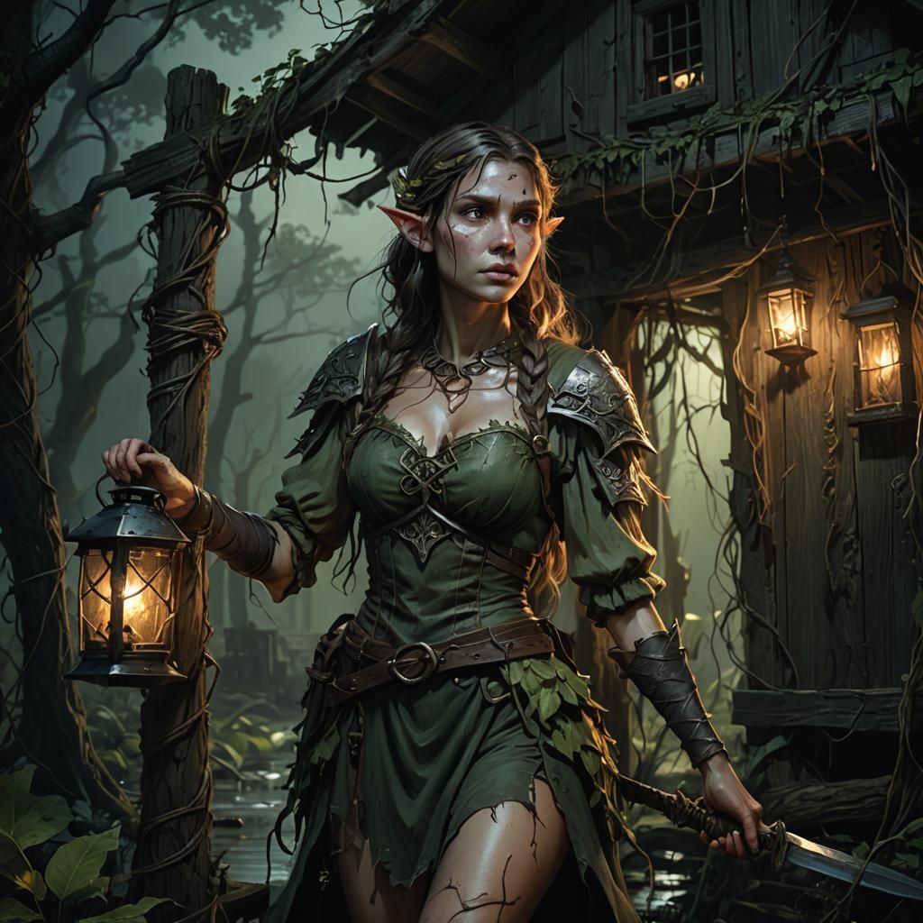 Elf Maiden Approaches Swamp Shack at Night