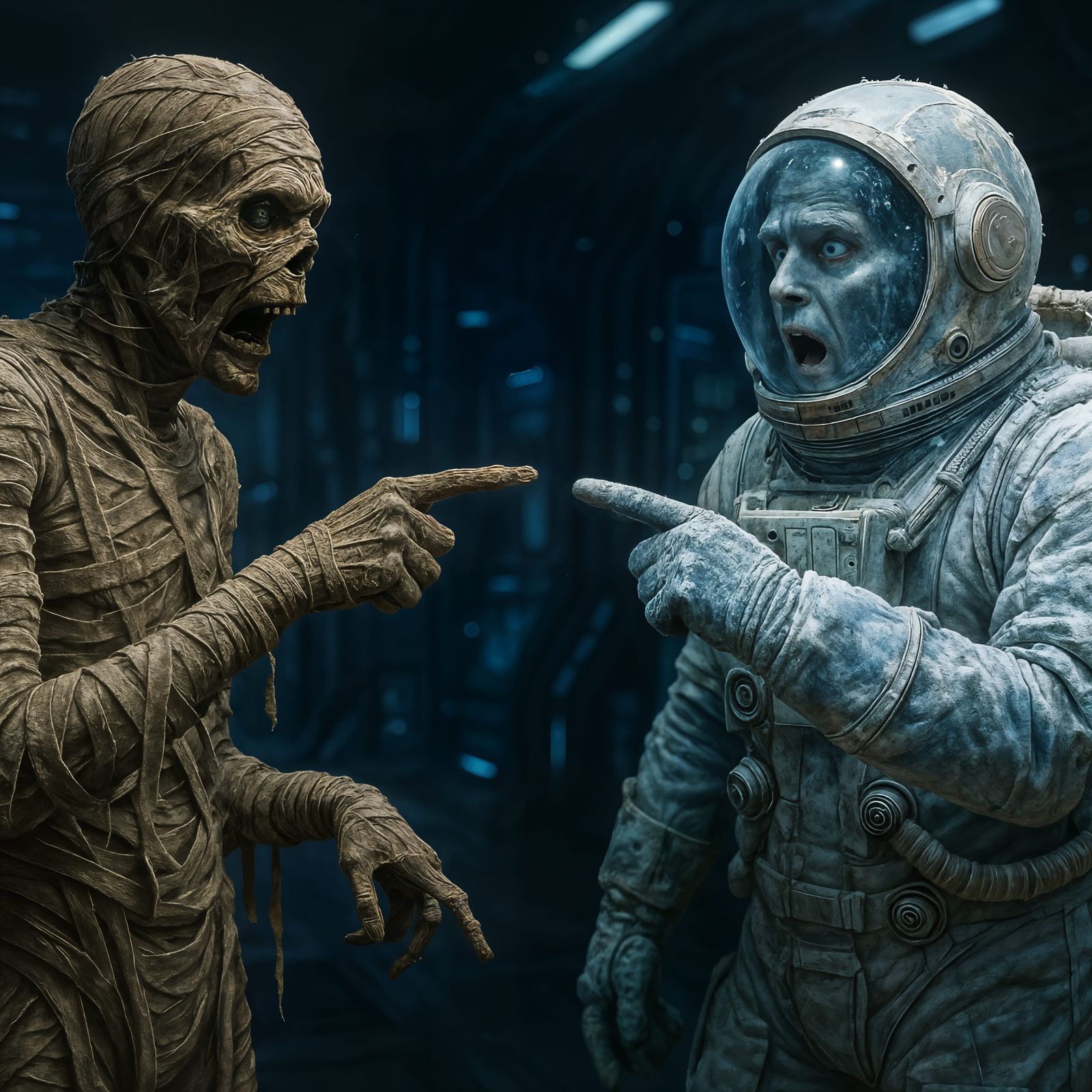 Mummy and Astronaut Shocked in Distant Future CGI