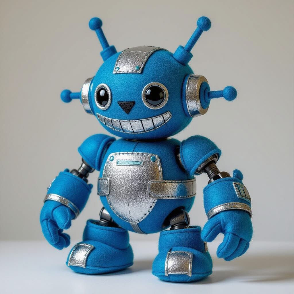 Blue Felt Robot Toy in Hayao Miyazaki Style