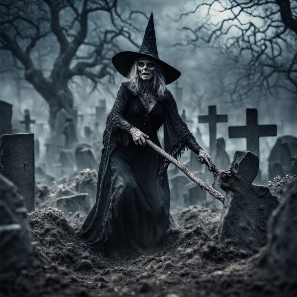 Witch Emerging from the Grave in a Cinematic Scene