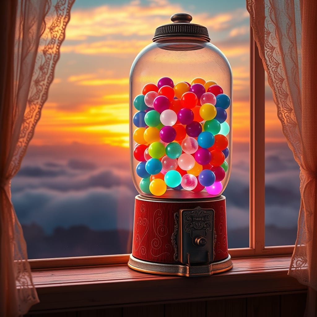 Vibrant Gumballs in a Sunset-Lit Fantasy Realm