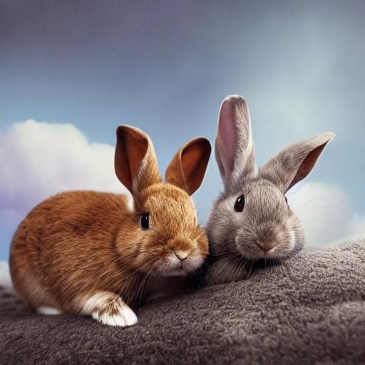 Rabbits Cuddle on Cloud with Unicorn Rabbit at Sunset