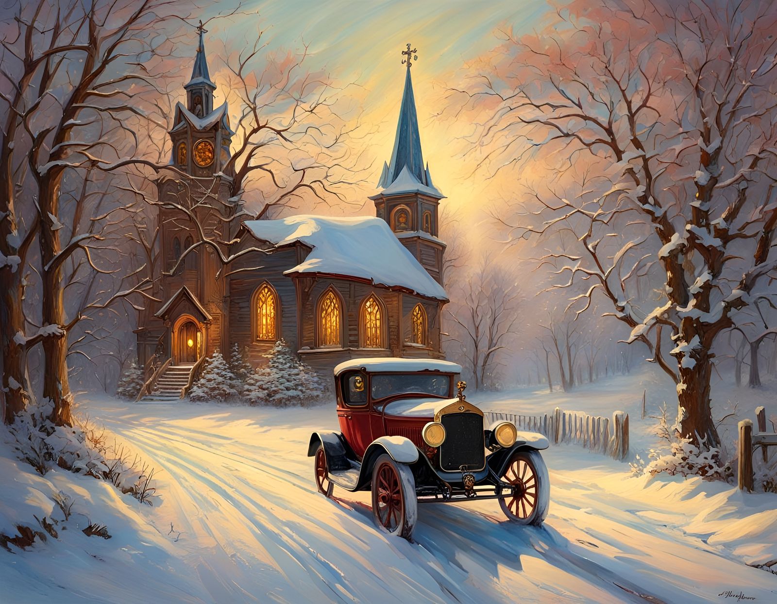 Steampunk Jalopy by Church in Snow, Art Nouveau Style