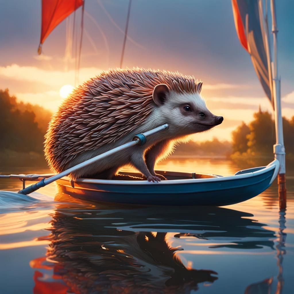 Hedgehog Sailing on Mushroom: Detailed 8K Portrait