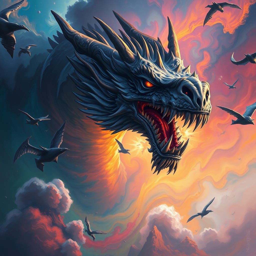 Majestic Dragon Emerges from Swirling Canvas in Cyberpunk-In...