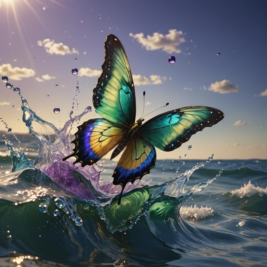 Green and Gold Butterfly Emerges from the Ocean