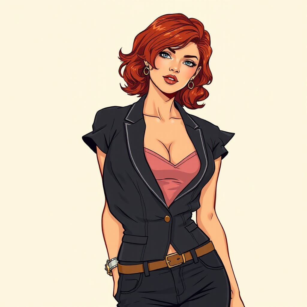 Elegant Redhead Woman with Masculine Features in a Rose Top