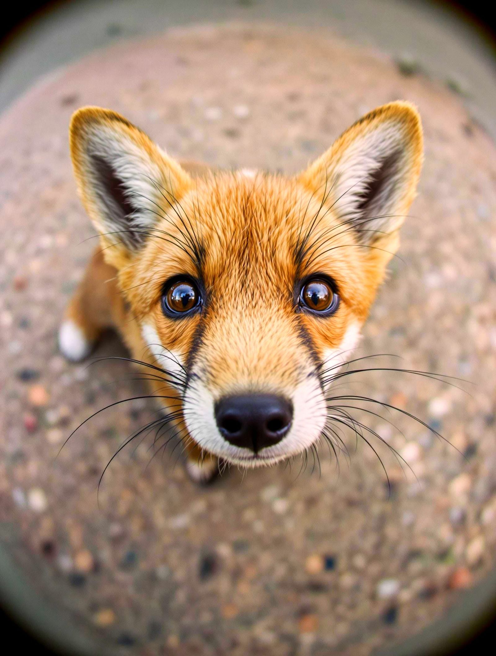 Intimate Portrait of Curious Fox Pup with Fisheye Lens