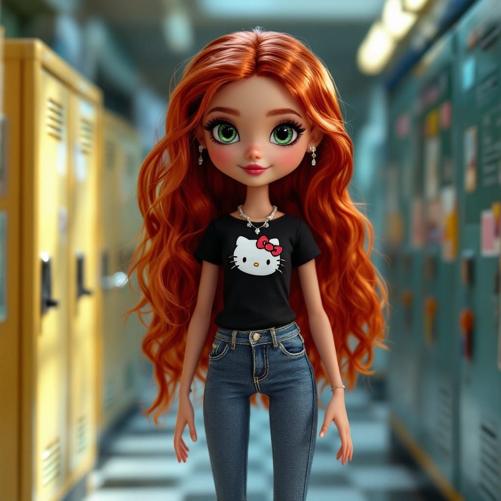 Hyper-Realistic Doll in Miniature School Hallway Scene