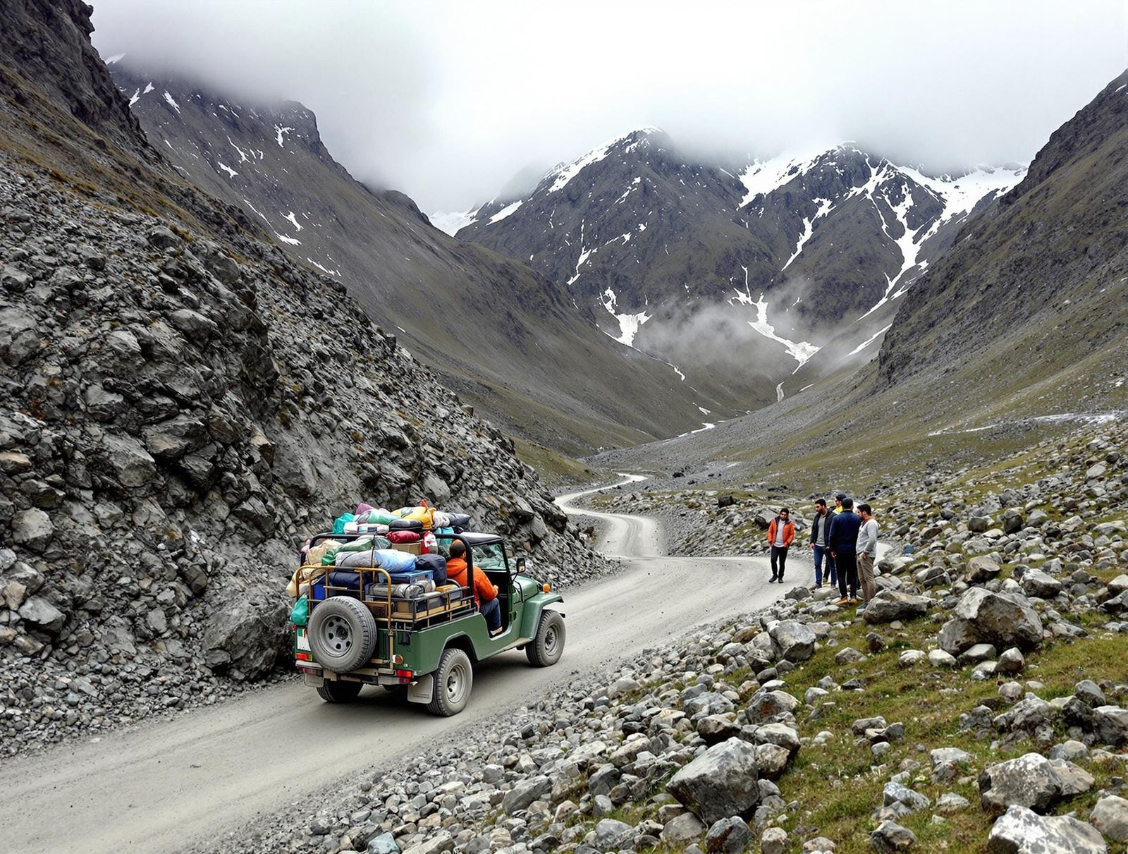 Green Jeep on Rugged Mountain Road in Misty Landscape