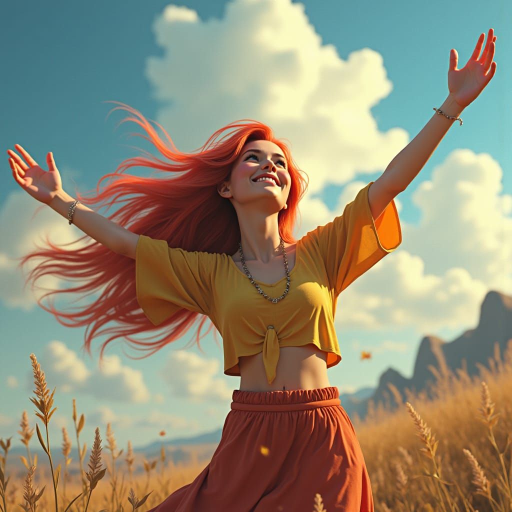 Joyful Woman in Dreamlike 3D Landscape