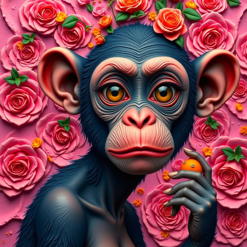 Whimsical Nouveau Chimp Portrait in Embossed Relief