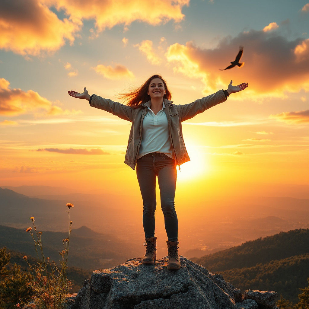 Woman Embraces Mountain Peak at Sunset