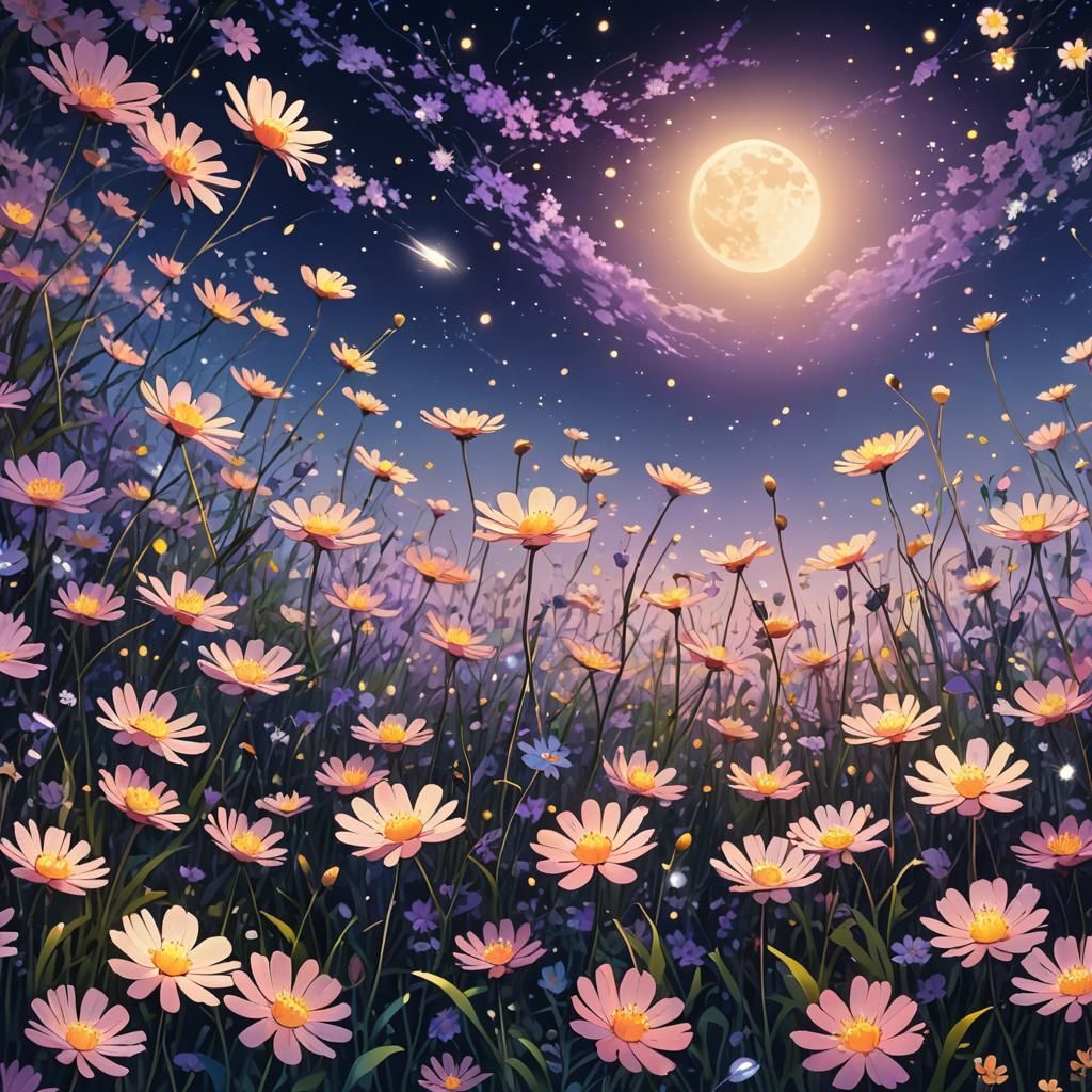 Pastel Anime Flower Field at Night