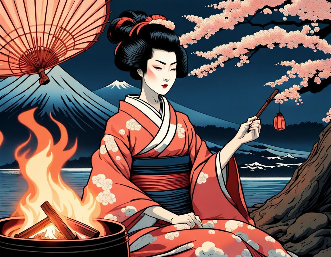Geisha Roasting Marshmallows in Ukiyo-e Style