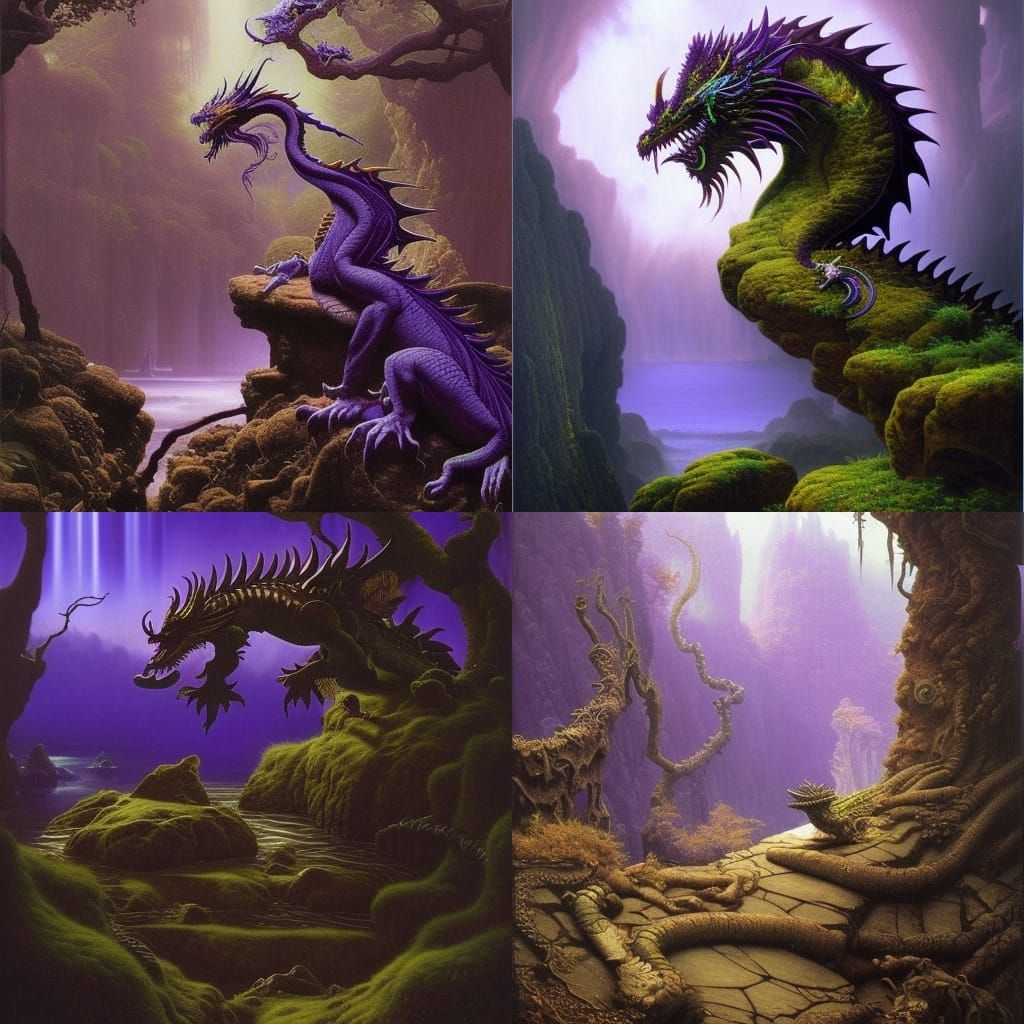 Purple Dragon on Rocks: Gothic Photorealistic Oil Painting