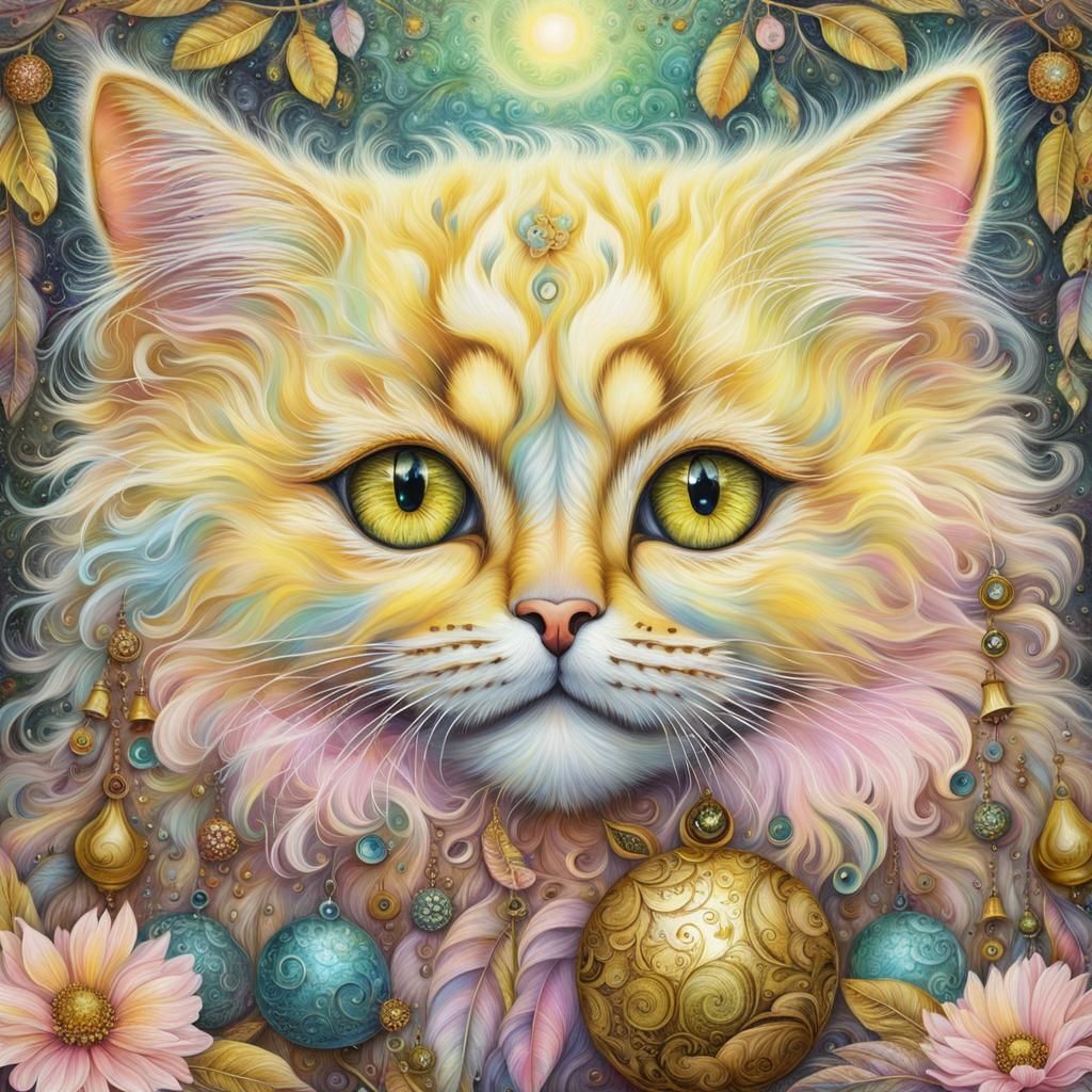 Fluffy Cat Creature with Bells in Hyperreal Style