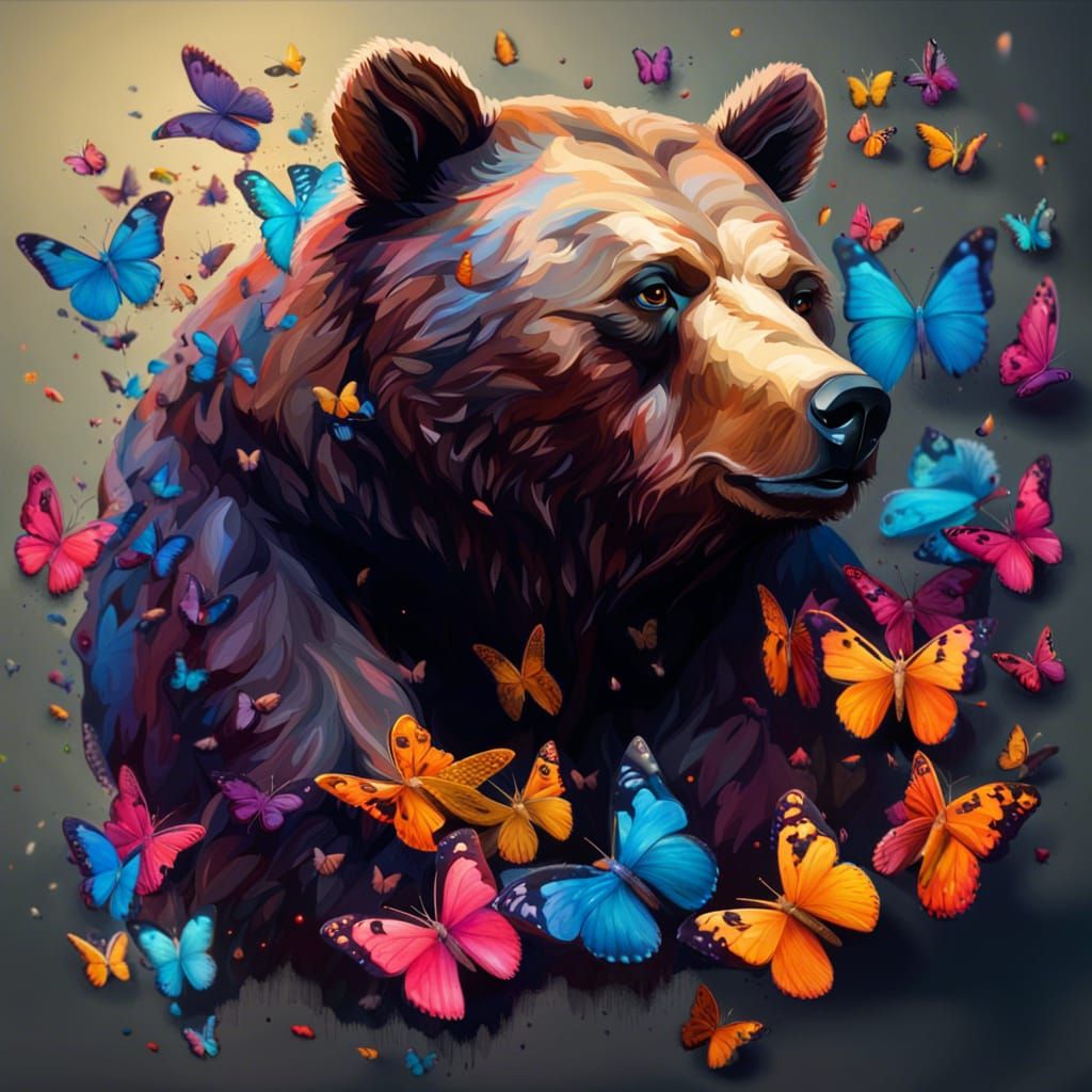 Hyperrealistic Bear in Butterfly Swarm