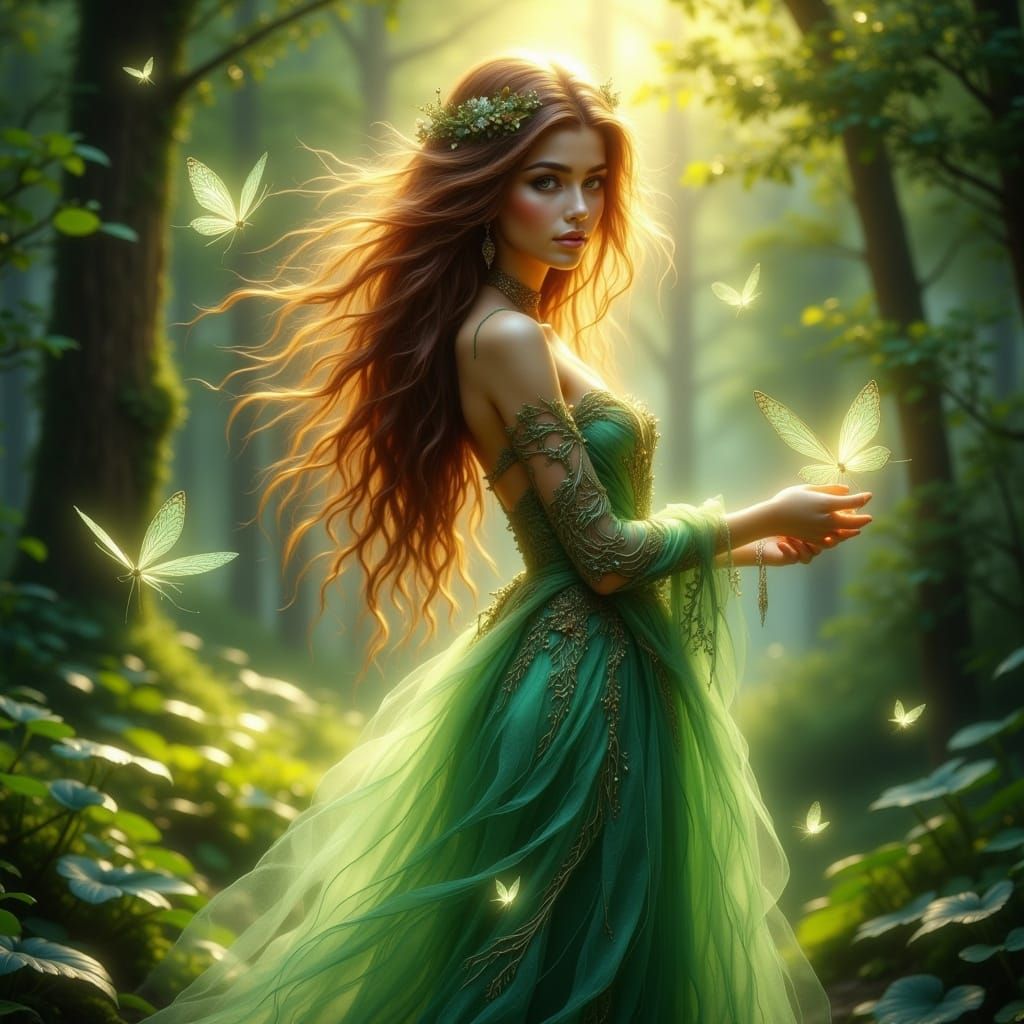 Ethereal Forest Fairy in Sun-Dappled Ancient Woods
