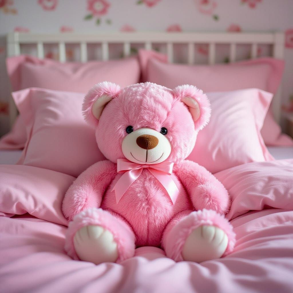 Cute Pink Teddy Bear on a Cozy Pink Bed