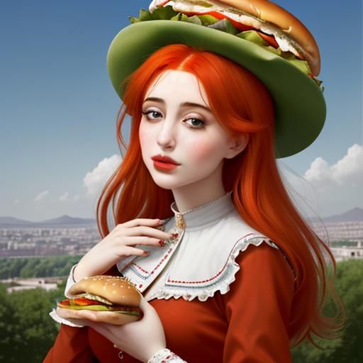 Redhead Girl Laughing at a Huge Hamburger, Qajar Art