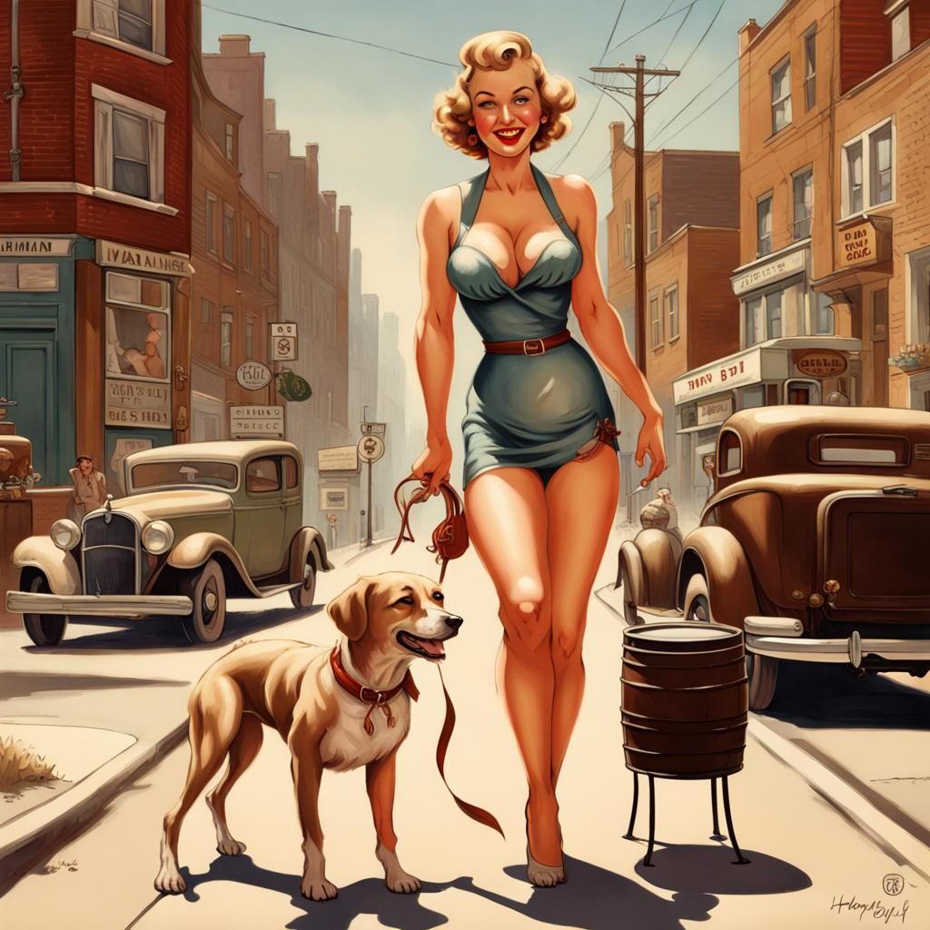 1930s Pin-Up Girl Walking Dog: Hyperrealistic Art