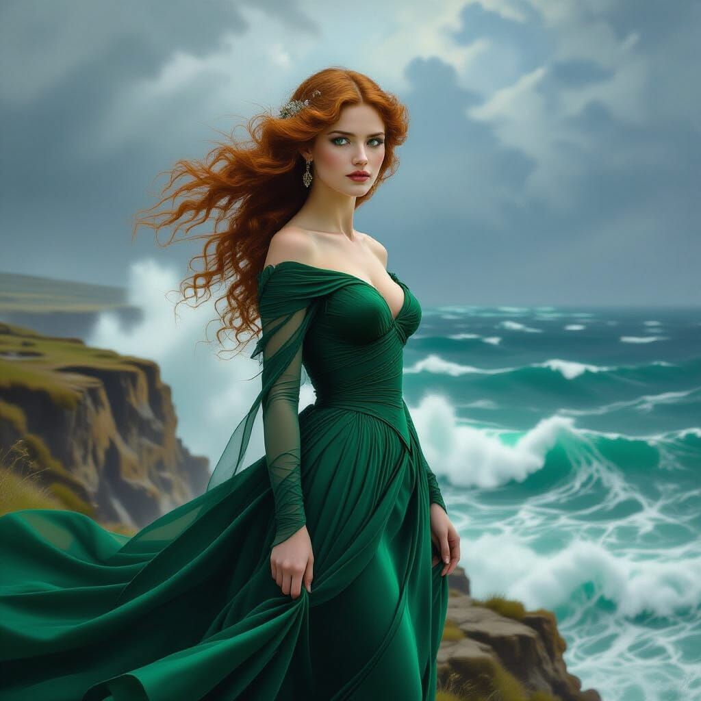Green-Eyed Woman on Cliff in Pre-Raphaelite Style