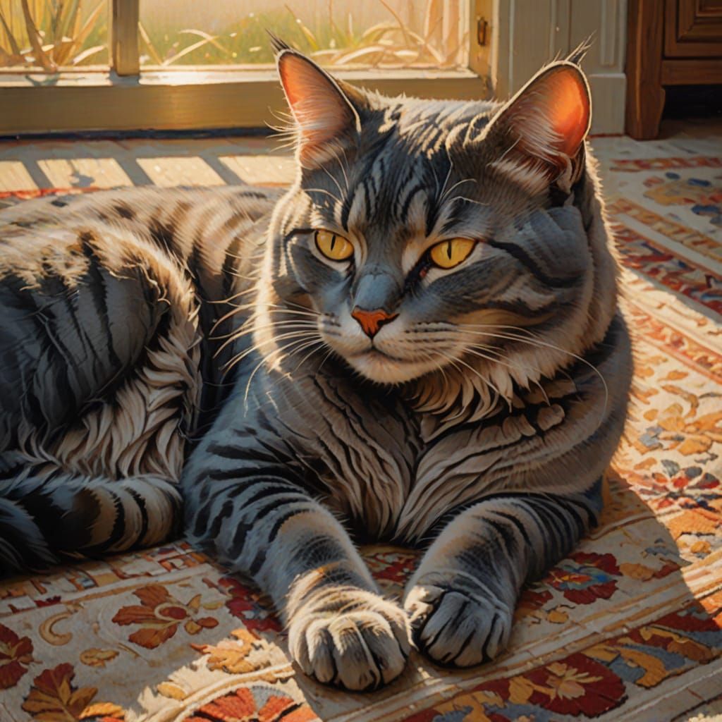 Gray Cat Sleeping in Sunlight: Impressionistic Oil Painting