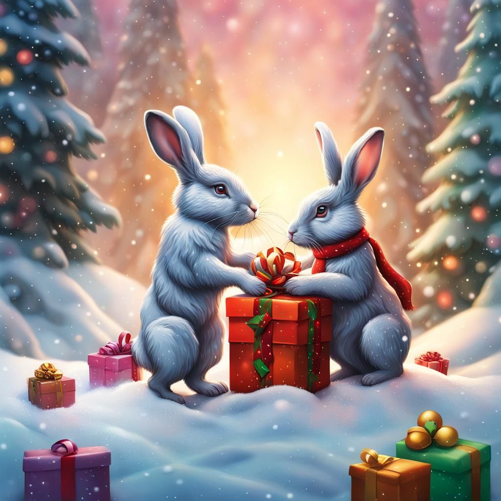 Rabbits Exchange Christmas Gifts in Winter Wonderland
