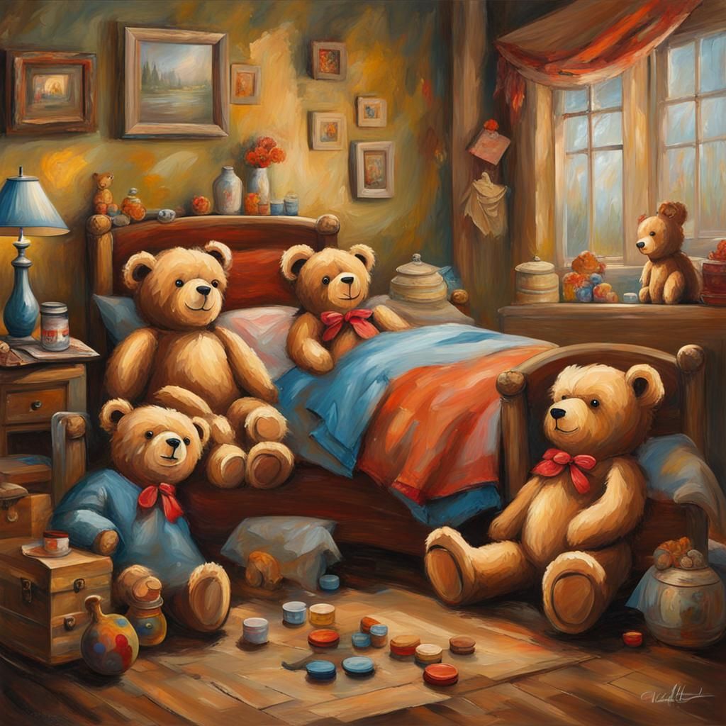Imaginative Oil Painting with Teddy Bears for Children