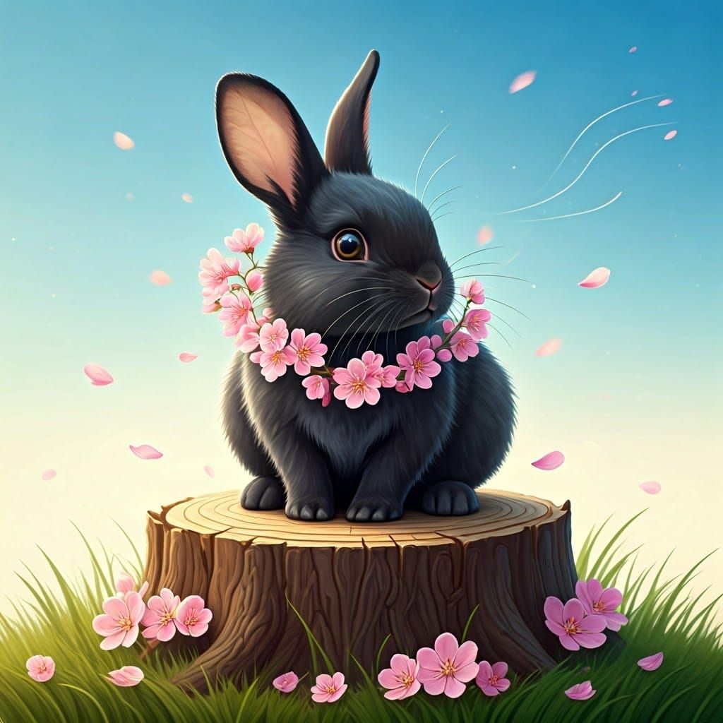 Joyful Woodland Scene with Rabbit and Cherry Blossoms