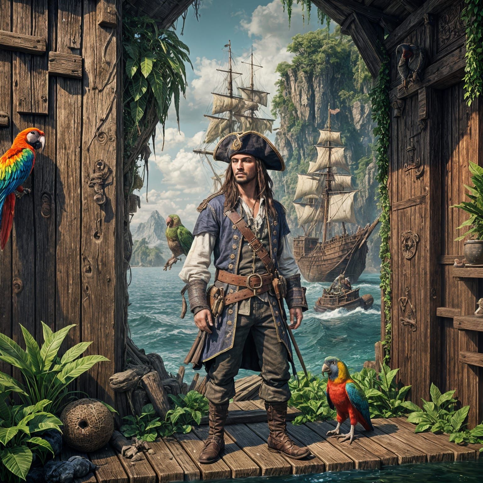Young Pirate and Parrot by Water: Detailed Matte Painting
