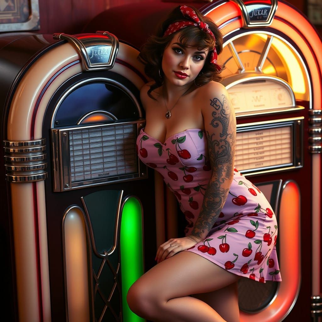 Rockabilly Pinup Girl in Cherry Dress, Bandana, and Tattoos