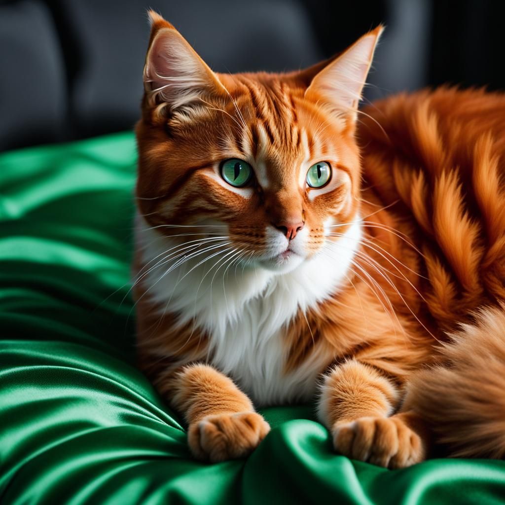 Red Cat with Green Eyes on Silky Bed