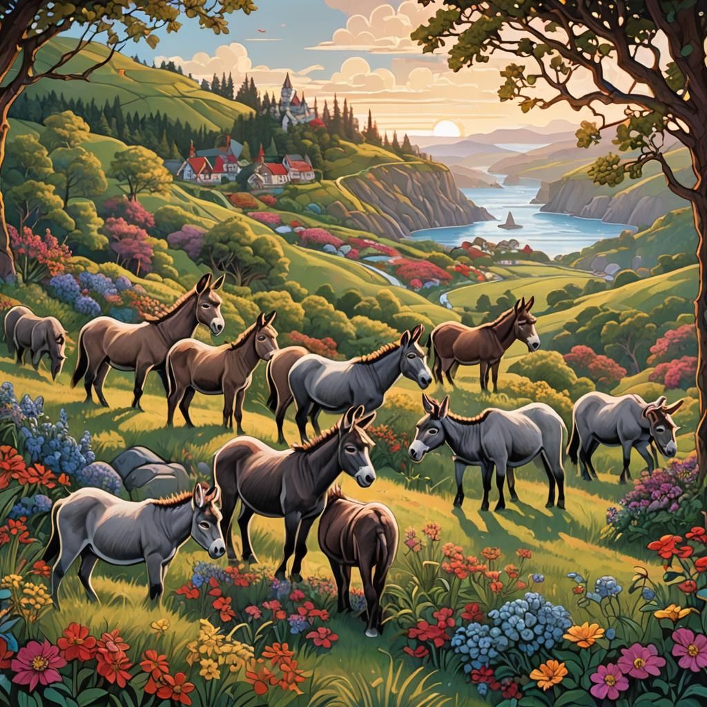 Nova Scotian Donkeys in Vibrant Landscape, Cloissonism Style