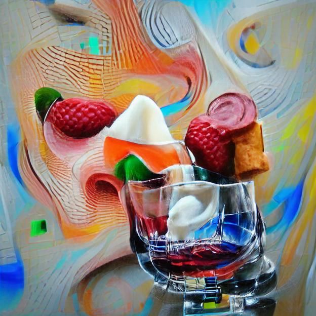 Surreal Still Life with Whiskey and Fruit in Cubist Style