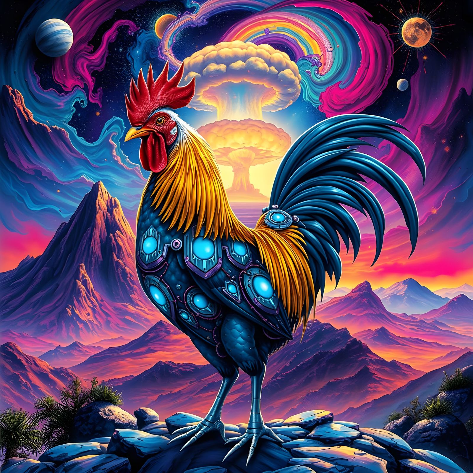 Cybernetic Rooster Conquers Cosmic Landscape